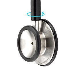 La corne du stéthoscope 3M Littmann Classic III avec une flèche indiquant la rotation du tube.